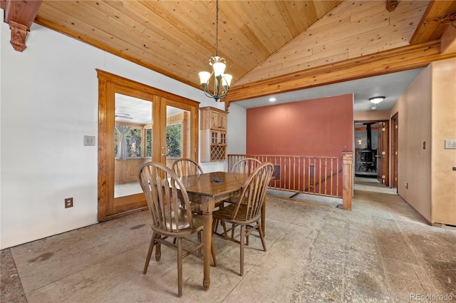 701/700 Bella Vista Ln, Cotopaxi, CO 81223 - dining area featuring wood ceiling, a chandelier, and high vaulted ceiling