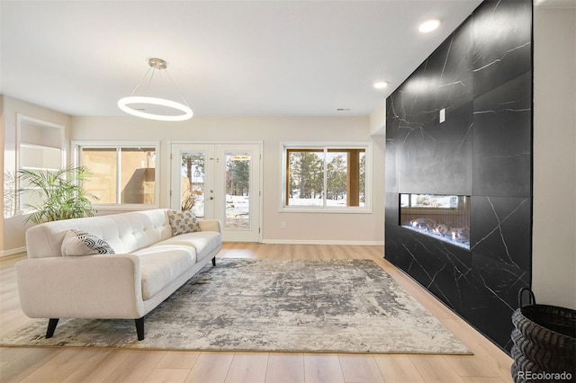 living room featuring french doors and light hardwood / wood-style flooring