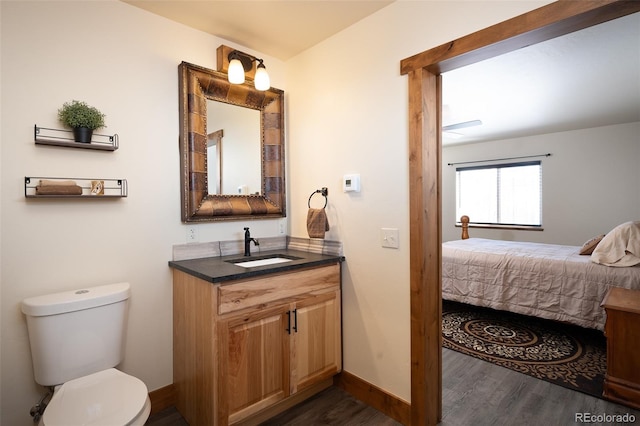 ensuite bathroom with toilet, ensuite bathroom, wood finished floors, and vanity