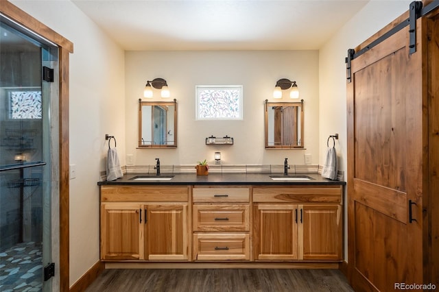 bathroom with double vanity, wood finished floors, and a sink