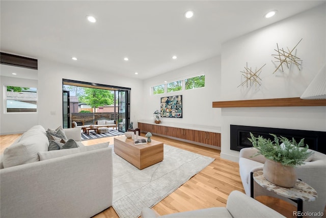 1490 S Vine St, Denver, CO 80210 - living area with recessed lighting, light wood-style flooring, baseboards, and a glass covered fireplace