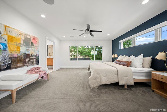 1490 S Vine St, Denver, CO 80210 - carpeted bedroom featuring recessed lighting, ensuite bath, baseboards, and ceiling fan