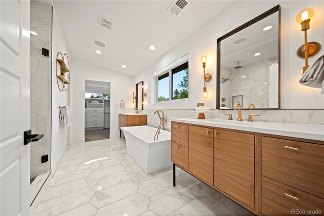 1490 S Vine St, Denver, CO 80210 - full bathroom featuring walk in shower, vanity, a freestanding bath, lofted ceiling, and recessed lighting