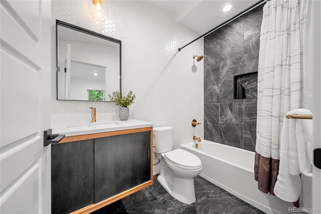 1490 S Vine St, Denver, CO 80210 - bathroom with marble finish flooring, shower / tub combo with curtain, toilet, vanity, and decorative backsplash