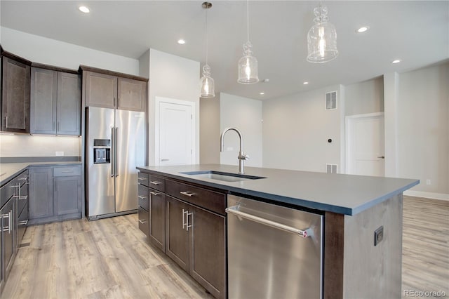 kitchen with pendant lighting, appliances with stainless steel finishes, sink, and an island with sink