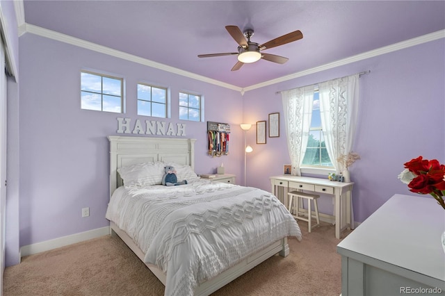 5181 Appleton Way, Castle Rock, CO 80104 - bedroom with light colored carpet, crown molding, multiple windows, and a ceiling fan