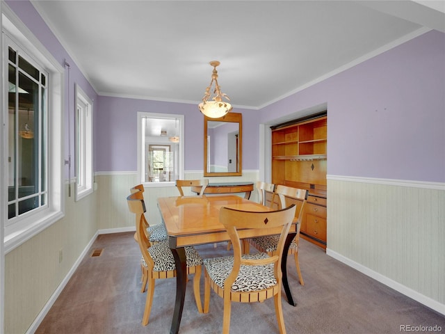 5336 High Rd, Evergreen, CO 80439 - dining space featuring a wainscoted wall, carpet, ornamental molding, and built in features