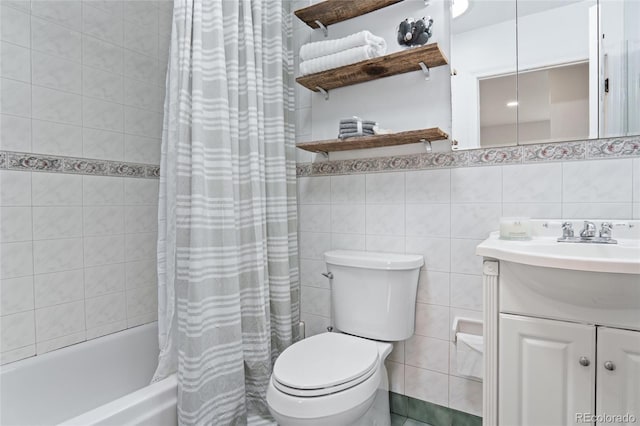 10563 Pierson Cir, Broomfield, CO 80021 - bathroom with shower / tub combo with curtain, tile walls, and vanity
