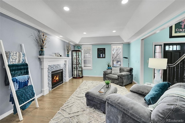 living room featuring a stone fireplace, a raised ceiling, and light hardwood / wood-style floors