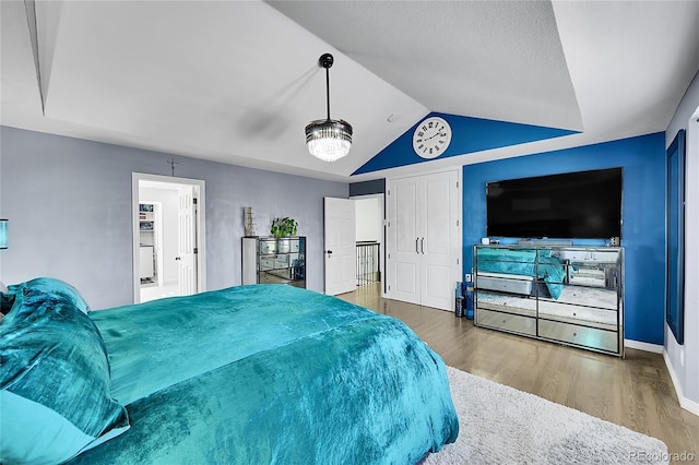 bedroom featuring lofted ceiling and hardwood / wood-style floors