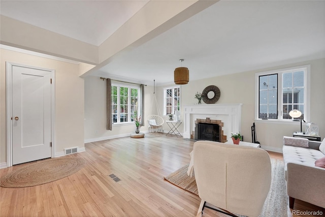 770 Locust, Denver, CO 80220 - living area with light wood-style floors, a fireplace, and baseboards
