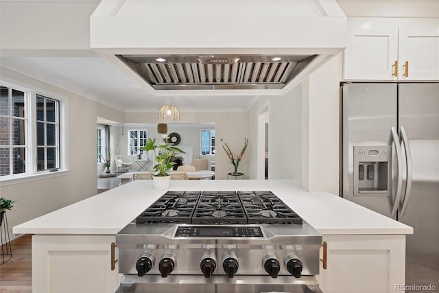 770 Locust, Denver, CO 80220 - kitchen with stainless steel appliances, custom exhaust hood, open floor plan, and light countertops