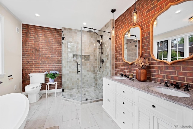 770 Locust, Denver, CO 80220 - full bathroom featuring a shower stall, toilet, backsplash, double vanity, and recessed lighting