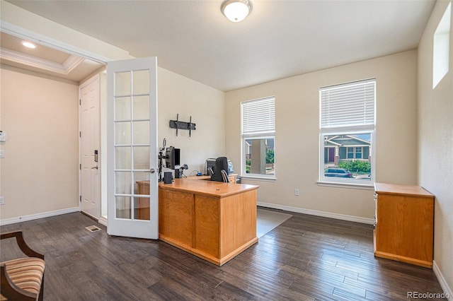 home office with dark wood-type flooring, recessed lighting, ornamental molding, and baseboards