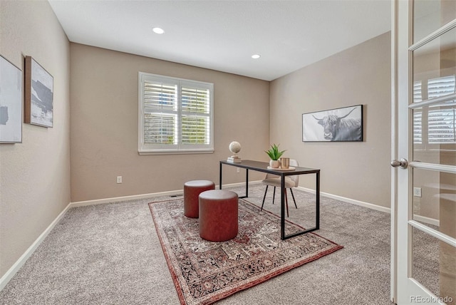 office with french doors, recessed lighting, carpet flooring, and baseboards