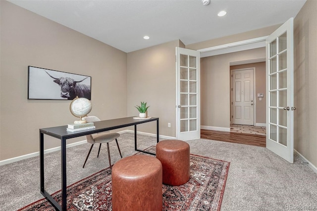 carpeted home office with recessed lighting, french doors, and baseboards