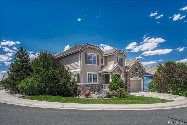 10761 Hillsboro Cir, Parker, CO 80134 - traditional-style house with stone siding, driveway, and stucco siding