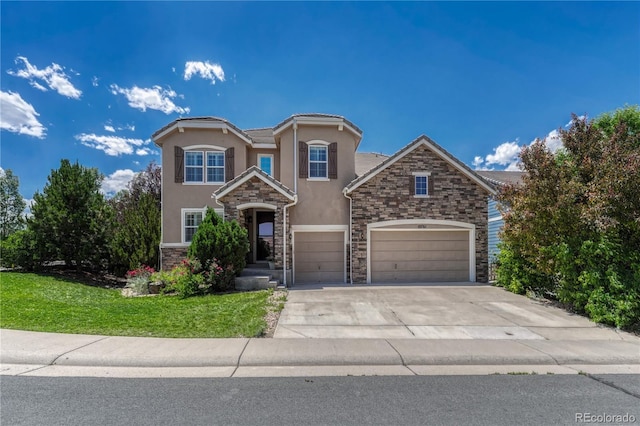 10761 Hillsboro Cir, Parker, CO 80134 - traditional-style house featuring stucco siding, stone siding, concrete driveway, an attached garage, and a front yard