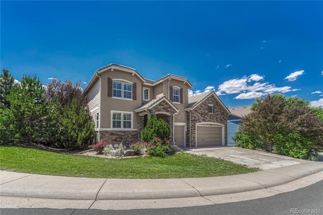 10761 Hillsboro Cir, Parker, CO 80134 - traditional home with stone siding, stucco siding, driveway, and a front lawn