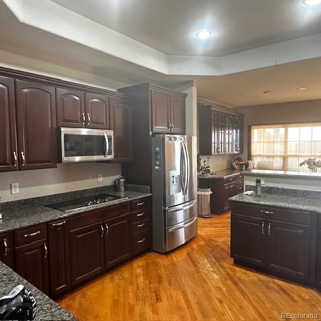 13291 N Harback Rd, Bennett, CO 80102 - kitchen with stainless steel appliances, light wood finished floors, dark brown cabinets, a raised ceiling, and recessed lighting