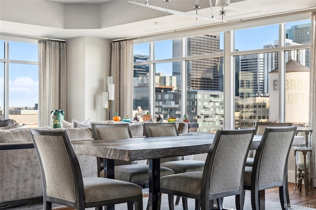 dining room featuring hardwood / wood-style flooring, a wealth of natural light, and a wall of windows