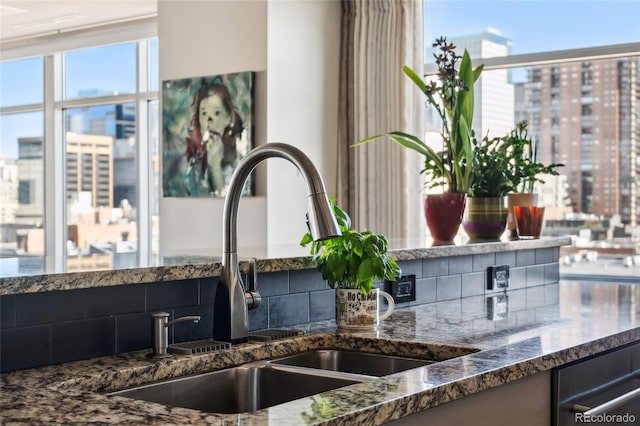 interior details featuring dark stone countertops, sink, and decorative backsplash