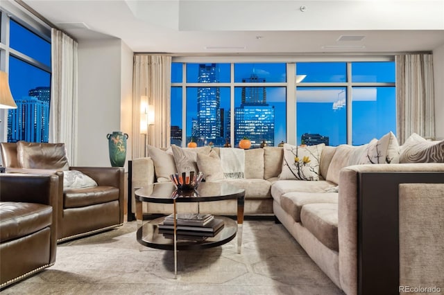 living area featuring a city view