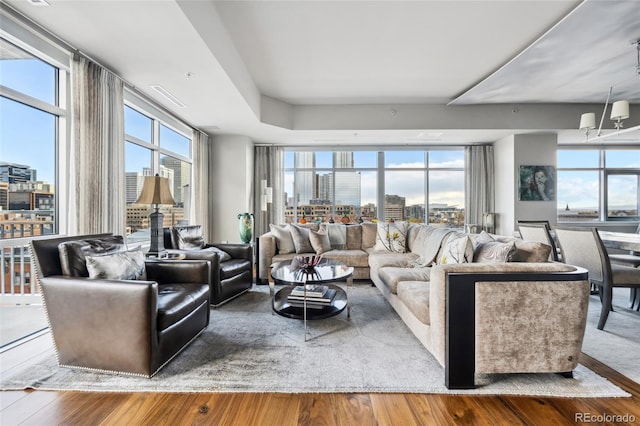 living room featuring a wall of windows, a city view, and wood finished floors