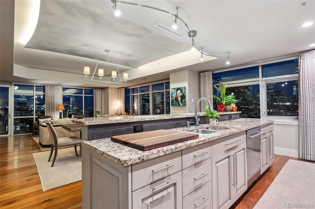 kitchen with a raised ceiling, light stone counters, wood finished floors, a kitchen island with sink, and a sink