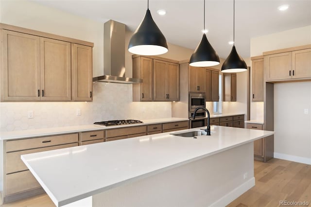 1585 Winter Glow Dr, Windsor, CO 80550 - kitchen with wall chimney exhaust hood, light wood-type flooring, appliances with stainless steel finishes, a sink, and backsplash
