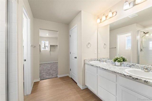 full bathroom featuring a shower stall, wood finished floors, a sink, and a spacious closet