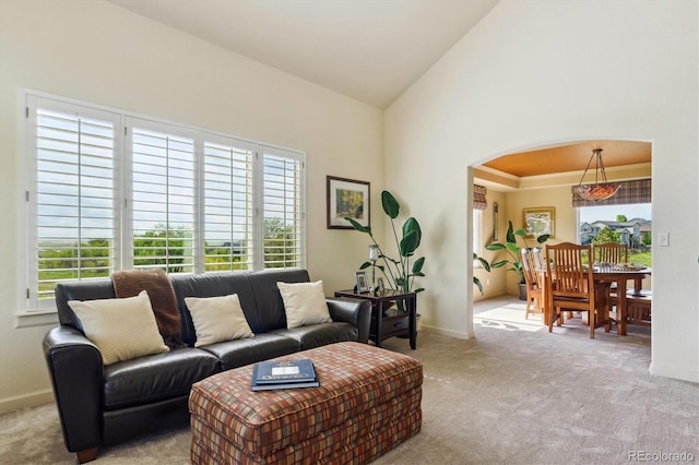 7289 Stroh Rd, Parker, CO 80134 - living room featuring arched walkways, carpet floors, baseboards, and high vaulted ceiling