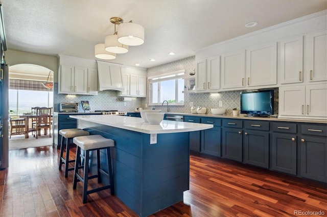 7289 Stroh Rd, Parker, CO 80134 - kitchen with dark wood-style floors, premium range hood, white cabinets, decorative backsplash, and light countertops