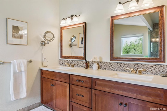 7289 Stroh Rd, Parker, CO 80134 - bathroom with double vanity and decorative backsplash