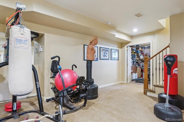 7289 Stroh Rd, Parker, CO 80134 - exercise room featuring carpet flooring, baseboards, and recessed lighting