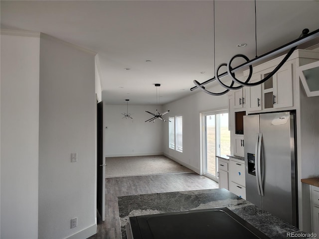 kitchen featuring hanging light fixtures, white cabinets, a chandelier, dark hardwood / wood-style floors, and stainless steel refrigerator with ice dispenser