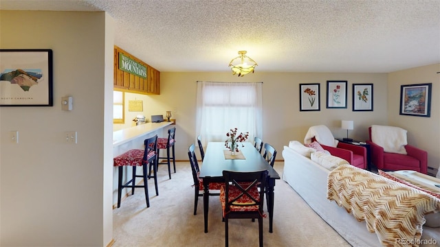 carpeted dining area with a textured ceiling