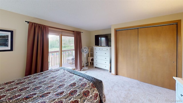 carpeted bedroom featuring access to exterior and a closet