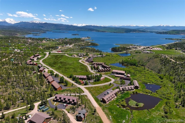 bird's eye view featuring a water and mountain view