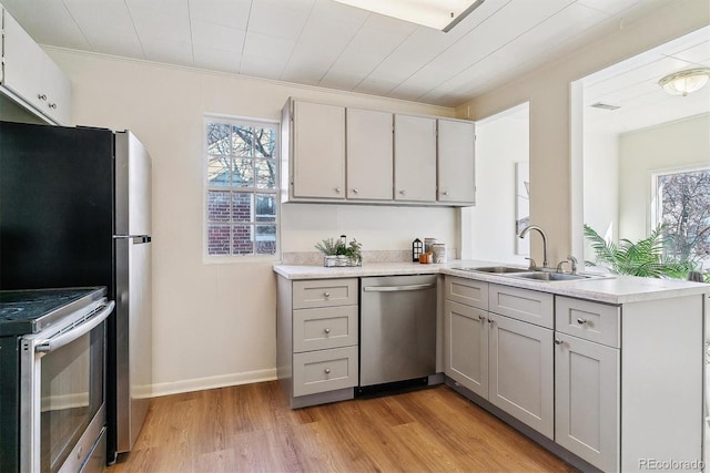 kitchen with stainless steel appliances, plenty of natural light, light hardwood / wood-style floors, and sink