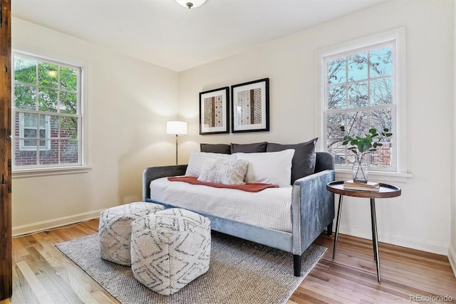 bedroom with multiple windows and hardwood / wood-style flooring