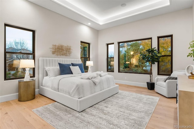 bedroom with light hardwood / wood-style floors and a raised ceiling