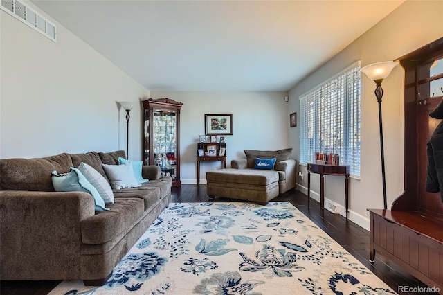 living room featuring dark wood-type flooring