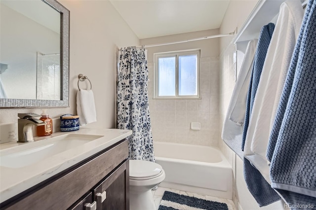 full bathroom featuring vanity, toilet, shower / tub combo, and tile patterned flooring