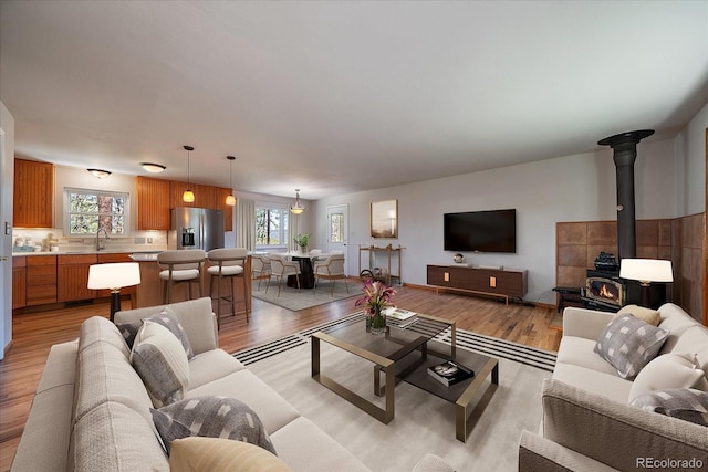 29827 Gigi Rd, Evergreen, CO 80439 - living area featuring a wood stove and light wood-type flooring