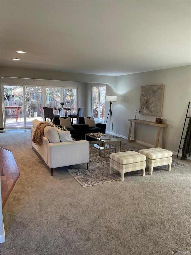 living room featuring light carpet