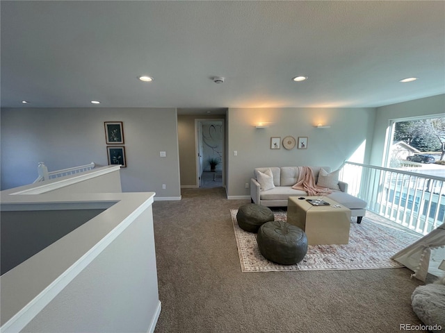 living room featuring dark carpet