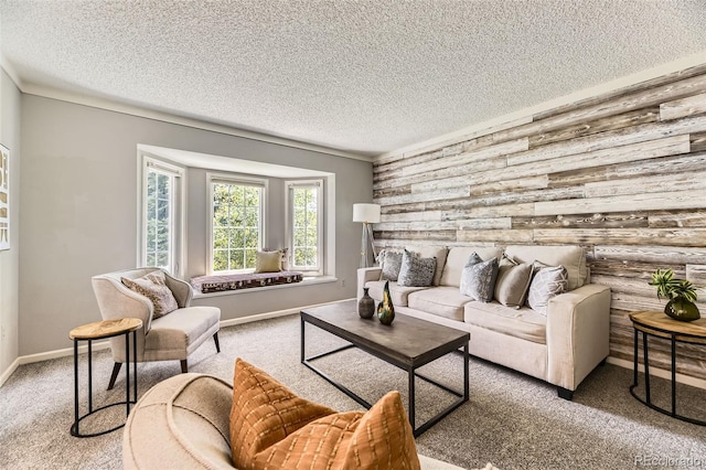 16257 E Belleview Pl, Centennial, CO 80015 - carpeted living area with wood walls, a textured ceiling, and baseboards