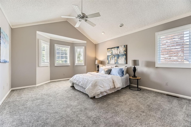 16257 E Belleview Pl, Centennial, CO 80015 - bedroom featuring a textured ceiling, carpet floors, lofted ceiling, baseboards, and a ceiling fan