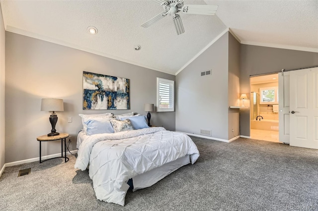 16257 E Belleview Pl, Centennial, CO 80015 - bedroom with carpet, a textured ceiling, crown molding, baseboards, and lofted ceiling